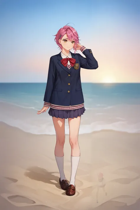 score_9, score_8_up, score_7_up, score_6_up, score_5_up, score_4_up, Shiratori Aira Dandan, short hair, pink hair, brown eyes, school uniform, red ribbon, skirt, sleeve(Up to the wrist ), 1 girl, is standing, alone, watching, masterpiece, high resolution,...