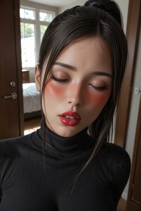 score_9, score_8_up, beautiful__asian solo girl, (darkredlipstick), thin face, apartment door,eyes closed, leaning in for a kiss mouth open, very tight black sweater, erect nipples(shoulder length black hair ponytail), large breasts, , , toned body, red ...