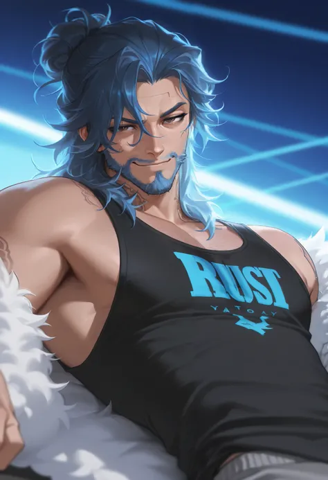 best quality, masterpiece \(quality\), L0LSPL4SH, year2024, year2023, 1male, mature male, solo, ((blue hair, blue facial hair, messy bun)), (black tank top, streetwear), black eyeliner, Highest quality, masterpiece, 8K, japanese style, male, mature, tall, ...