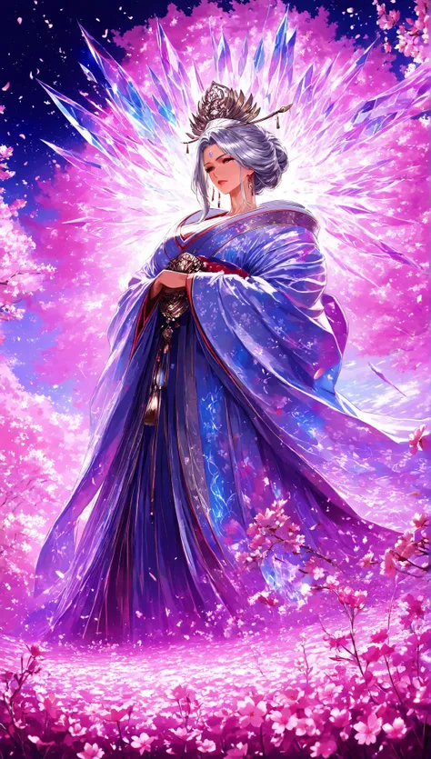 illustration , best quality , dramatic lighting , masterpiece , best quality , ultra-detailed , goddess, mature woman, with flowy silver hair, empress kimono, flower field background, cherry blossom trees, chromatic abbration, crystals, (super sharp focus)