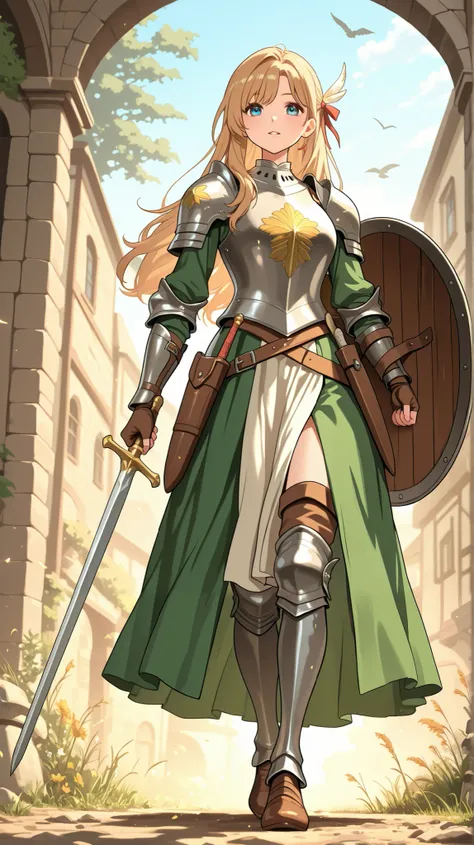 female、 medieval knight 、 Gold、 shield on left hand、 Prairie in the Daytime、is walking、front