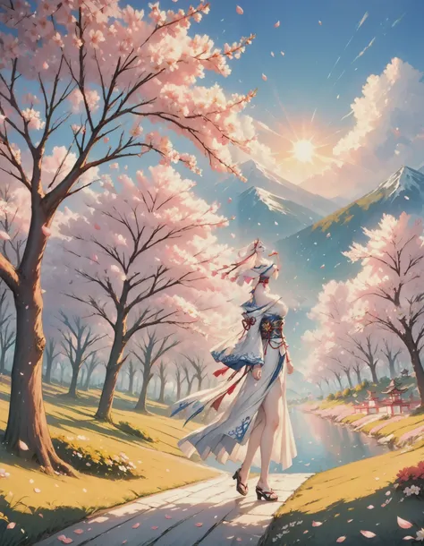 Jarael, alabaster white skin, blue tattoos, facial mark, blue lips, walking through a serene garden fullbof beautiful blossoming cherry blossom trees, cherry blossom, sakura petals falling from the trees and filling the air, atmospheric, wearing a kinomo, ...