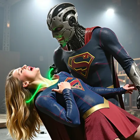 Melissa Benoist as Supergirl, (a very short skirt), fighting with an enemy, she is defeated by Lex Luther the robot, a green lighting collar on Supergirl neck, painful face, (screaming in pain), Lex Luther is a strong big robot, he is carrying her body, ((...