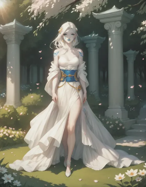 Jarael, alabaster white skin, blue tattoos, facial mark, blue lips, full body, walking through a serene garden, sakura petals falling from the trees, wearing a kinomo, kimono off shoulders, bare leg, in profile, from side, evening, the setting sun shines t...