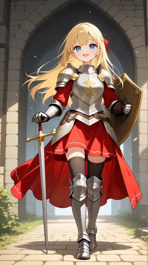 female、 medieval knight 、 Gold、 shield on left hand、wearing armor、 Prairie in the Daytime、is walking、full body、From a little above
