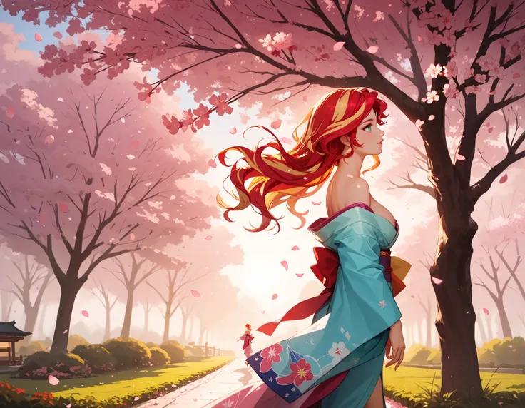 Sunset shimmer, walking through a serene garden full of beautiful blossoming cherry blossom trees, cherry blossom, sakura petals falling from the trees and filling the air, atmospheric, wearing a kinomo, kimono off shoulders, in profile, from side, evening...