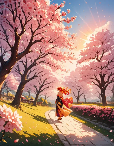 Sunset shimmer, walking through a serene garden full of beautiful blossoming cherry blossom trees, cherry blossom, sakura petals falling from the trees and filling the air, atmospheric, wearing a kinomo, kimono off shoulders, in profile, from side, evening...