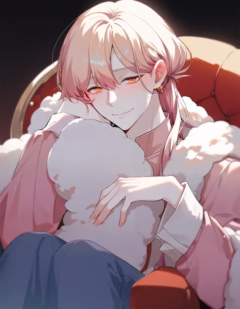 A young man, he has opal-orange eyes, very light and pale skin, he has golden blond hair, long hair, with a smooth fringe that almost covers his eyes, his appearance is light feminine, he wears a simple pastel pink shirt, together with a red jacket, he wea...