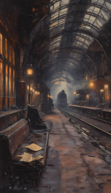 A dark, poetic 19th-century-inspired oil painting of an empty railway platform beneath the towering arches of a grand but decaying station. The iron framework stretches overhead, its glass panes cracked and clouded with time. A single, tattered letter lies...
