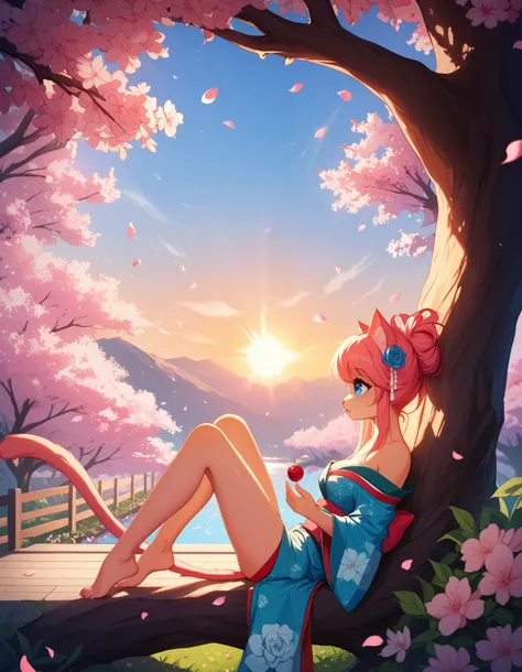 cute anthro cat girl with long blond hair and blue eyes, medium breasts, skinny, relaxing in a serene garden full of beautiful blossoming cherry blossom trees, cherry blossom, sakura petals falling from the trees and filling the air, atmospheric, wearing a...