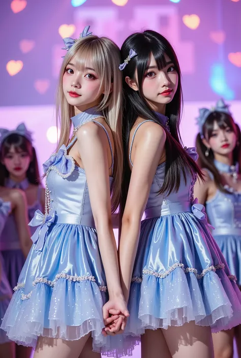 (extremely detailed, score_9, score_8_up, score_7_up, Very detailed, Detailed, Sharp focus, 8K UHD), Realistic full-body photos of two petite very young women, a blonde white woman from Eastern Europe and a black woman of African descent, (((full costume v...