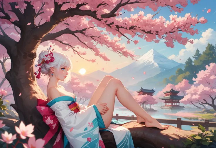 Cute 30 something year old girl, white hair, bob haircut, pastel blue eyes, slightly pointed nose proportional to her face, soft naturally pink lips, very detailed, relaxing in a serene garden full of beautiful blossoming cherry blossom trees, cherry bloss...