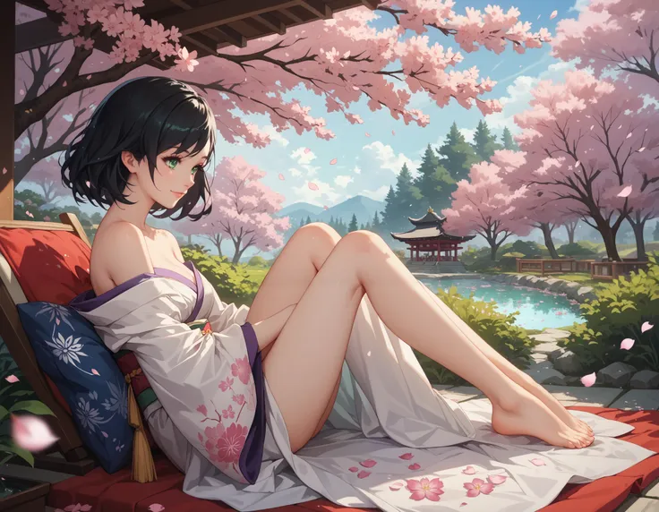 KJOlily, black hair, green eyes, medium hair, swept bangs, cute smile, very detailed, relaxing in a serene garden full of beautiful blossoming cherry blossom trees, cherry blossom, sakura petals falling from the trees and filling the air, atmospheric, wear...