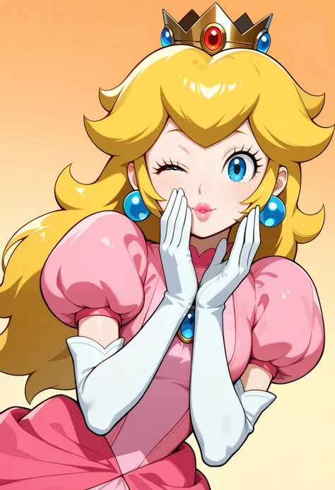 1 girl, solo, BREAK princess peach, blue eyes, long hair, crown, pink dress, jewelry, earrings, white gloves, puffy sleeves, elbow gloves, puffy short sleeves,greeting, upper body, smiling, winking, kiss, looking at viewer, dutch angle, best quality,amazin...