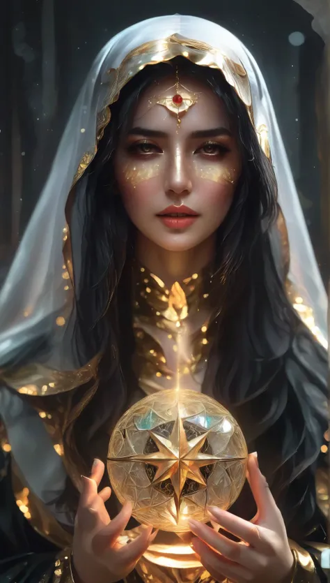 Magnificent Tarot, A robed astrologer sits quietly at a table covered with symbols,Holding a crystal star ball in hand, There is arabic text at the bottom of the card, fit snugly on face, Tarot, Very high texture quality, Front and sides, Full of mysteriou...