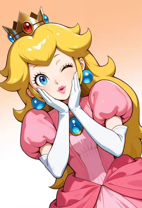 1 girl, solo, BREAK princess peach, blue eyes, long hair, crown, pink dress, jewelry, earrings, white gloves, puffy sleeves, elbow gloves, puffy short sleeves,greeting, upper body, smiling, winking, kiss, looking at viewer, dutch angle, best quality,amazin...