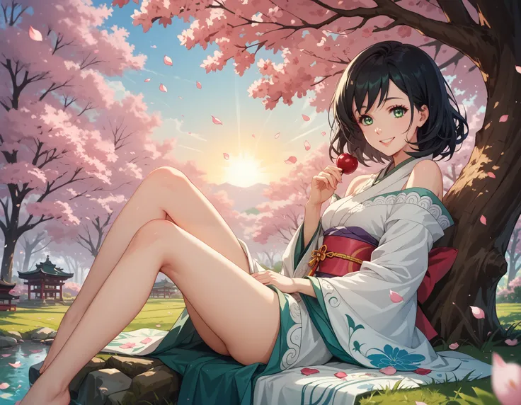 KJOlily, black hair, green eyes, medium hair, swept bangs, cute smile, very detailed, relaxing in a serene garden full of beautiful blossoming cherry blossom trees, cherry blossom, sakura petals falling from the trees and filling the air, atmospheric, wear...