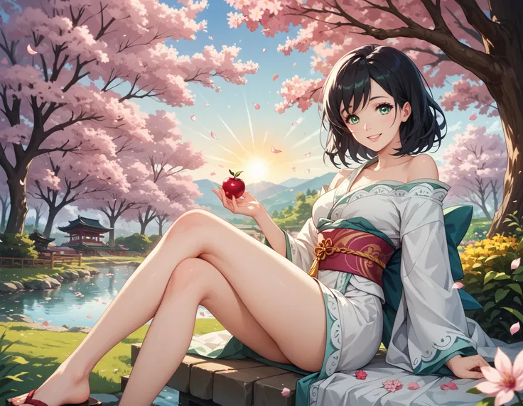 KJOlily, black hair, green eyes, medium hair, swept bangs, cute smile, very detailed, relaxing in a serene garden full of beautiful blossoming cherry blossom trees, cherry blossom, sakura petals falling from the trees and filling the air, atmospheric, wear...