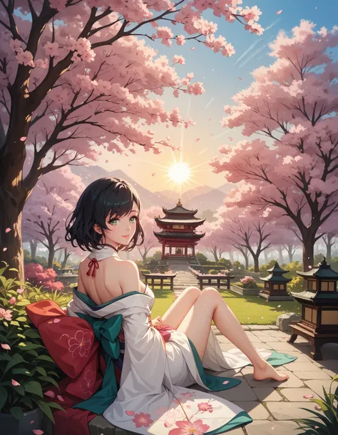 KJOlily, black hair, green eyes, medium hair, swept bangs, cute smile, very detailed, relaxing in a serene garden full of beautiful blossoming cherry blossom trees, cherry blossom, sakura petals falling from the trees and filling the air, atmospheric, wear...