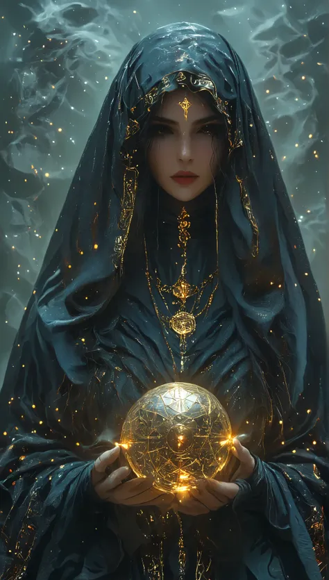 Magnificent Tarot, A robed astrologer sits quietly at a table covered with symbols,Holding a crystal star ball in hand, There is arabic text at the bottom of the card, fit snugly on face, Tarot, Very high texture quality, Front and sides, Full of mysteriou...