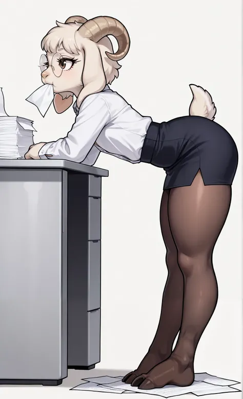 ((cute goat woman)), ((masterpiece)), ((high resolution)), ((solo portrait)), ((side view)), {(attractive figure), (thick thighs), (beautiful legs), (pretty feet), (hoof feet), (beige fur), (beige nose), (ram horns), (floppy ears), (short tail), (cute brow...