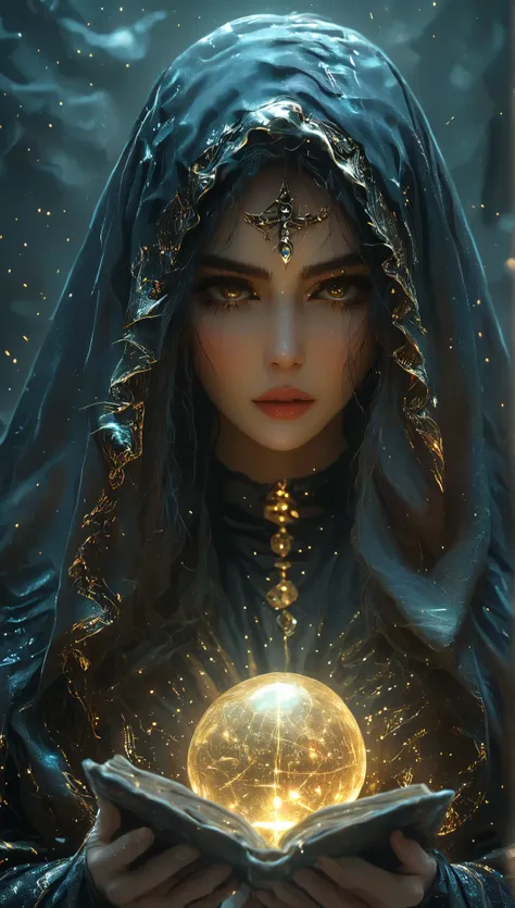 Magnificent Tarot, A robed astrologer sits quietly at a table covered with symbols,Holding a crystal star ball in hand, There is arabic text at the bottom of the card, fit snugly on face, Tarot, Very high texture quality, Front and sides, Full of mysteriou...