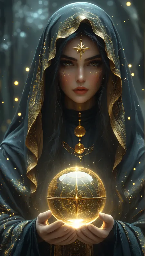 Magnificent Tarot, A robed astrologer sits quietly at a table covered with symbols,Holding a crystal star ball in hand, There is arabic text at the bottom of the card, fit snugly on face, Tarot, Very high texture quality, Front and sides, Full of mysteriou...