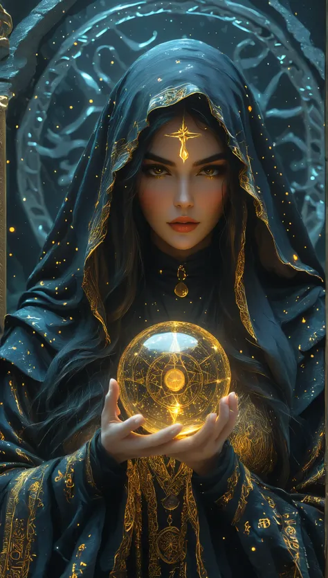 Magnificent Tarot, A robed astrologer sits quietly at a table covered with symbols,Holding a crystal star ball in hand,sits on the Zodiac table cloth,glowing zodiac, There is arabic text at the bottom of the card, fit snugly on face, Tarot, Very high textu...