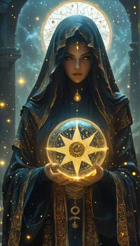Magnificent, A robed astrologer sits quietly at a table covered with symbols,Holding a crystal star ball in hand,sits on the Zodiac table cloth,glowing colorful zodiac, There is arabic text at the bottom of the card, fit snugly on face, Tarot, Very high te...