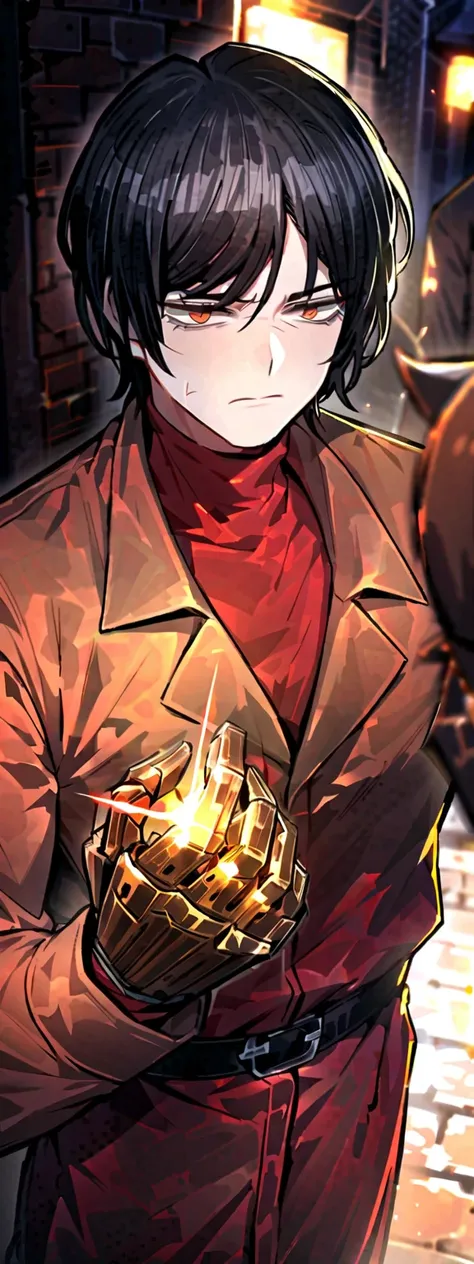1male, black hair , (project moon\), brown eyes, shirt , red shirt , short hair , angry expression, solo focus , long sleeves, outside, closed mouth , brown coat , backstreets, scaled hand, brown hand,