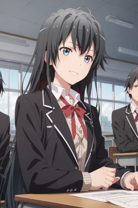 score_9, score_8_up, score_7_up,  Yukinoshita Yukino , long hair, black hair, blue eyes,is the ceiling, 1 girl,Multiple Boys,school uniform, jacket, black jacket, ribbon, hair ribbon, blazers, red ribbon, shirt,Smile,schools,classroom,Sit at the desk,