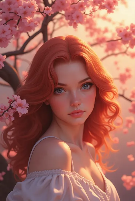 a beautiful red-haired woman, with long hair, blue eyes,  under a cherry tree , With a dawning sky 