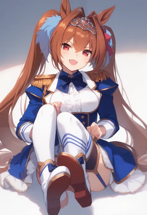 Dasuka,horse tail, horse ears, brown hair, very long hair, bow, hair intakes, red eyes,,Dasuka_Race, twintails, epaulettes, skirt, thighhighs, long sleeves, tiara, boots, garter straps, white footwear,,1 bashful girl, alone, anime style,cute girl,Best Qual...