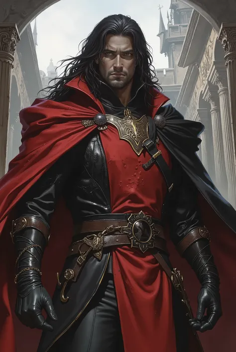 dark-skinned man, long black hair, dressed in a red medieval long-sleeved tabard, black leather gloves, torn cape, with voluminous black hair on his shoulders, black leather pants, bored, inside a luxurious Castle.