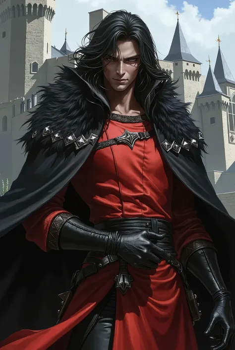 dark-skinned man, long black hair, dressed in a red medieval long-sleeved tabard, black leather gloves, torn cape, with voluminous black hair on his shoulders, black leather pants, bored, inside a luxurious Castle.