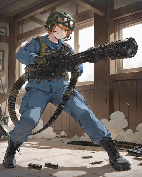 (masterpiece), (highly detailed), (best quality), (high quality), (hires), 1male, age 30, burly, russian, (c-m134, holding m134, two-handed, ammunition belt, shell casings from gun), tactical vest, gloves, black tactical gloves, matching boots, goggles, go...