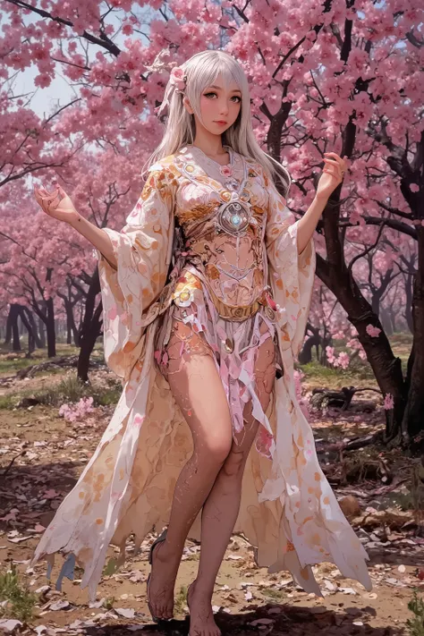 (High fantasy)(Feudal Japan) A Sakura goddess (exquisite kimono made of cherry blossom petals with golden trim, cute, pale white skin, cherry blossom aura, exquisite makeup, bare feet, lovely hair), floats down from the heavens to inspect the blooms in a c...