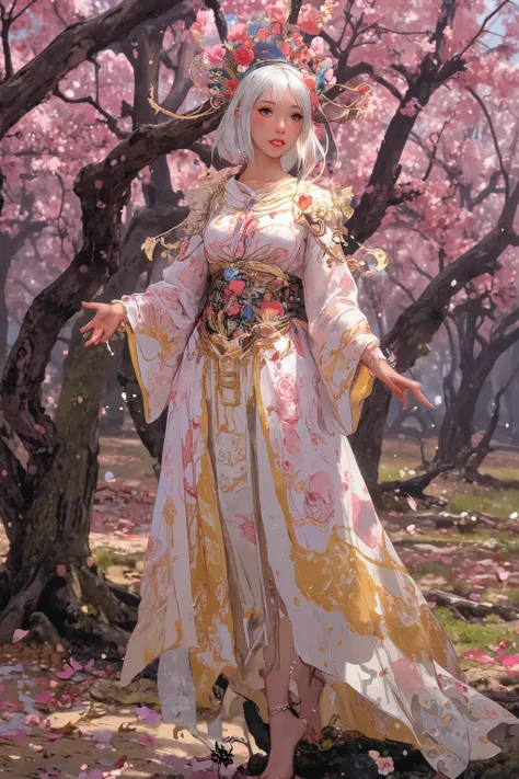(High fantasy)(Feudal Japan) A Sakura goddess (exquisite kimono made of cherry blossom petals with golden trim, cute, pale white skin, cherry blossom aura, exquisite makeup, bare feet, lovely hair), floats down from the heavens to inspect the blooms in a c...