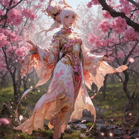 (High fantasy)(Feudal Japan) A Sakura goddess (exquisite kimono made of cherry blossom petals with golden trim, cute, pale white skin, cherry blossom aura, exquisite makeup, bare feet, lovely hair), floats down from the heavens to inspect the blooms in a c...