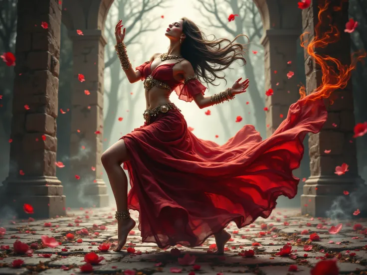 A Roma dancer with raven hair and mocha eyes dances under a stone archway, wearing a flowing red costume with golden bells. A delicate silver thimble with tiny moons covers her index finger, a drop of blood falling from its hidden needle. The blood transfo...