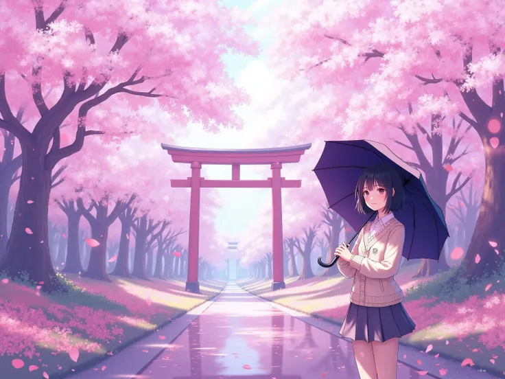 A young Asian girl, likely ager, stands in a park filled with blossoming cherry trees. She is positioned slightly left of center in the image. She is holding a dark purple umbrella. The girl has short, dark hair, and is wearing a light beige sweater and ...