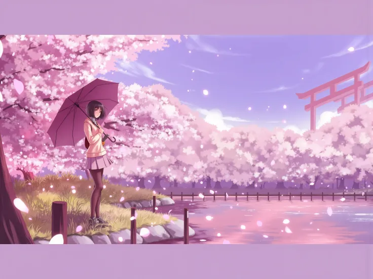 A young Asian girl, likely ager, stands in a park filled with blossoming cherry trees. She is positioned slightly left of center in the image. She is holding a dark purple umbrella. The girl has short, dark hair, and is wearing a light beige sweater and ...