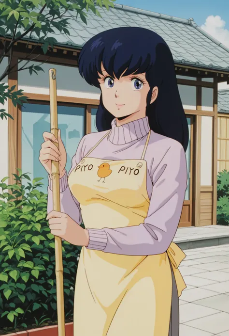 masterpiece, best quality, amazing quality, detailed background, perfect eyes, anime coloring, anime screenshot, 1980s \(style\), 1girl, solo, mature female, otonashi kyouko, black hair, long hair, , blue eyes, medium breasts, turtleneck sweater, long slee...