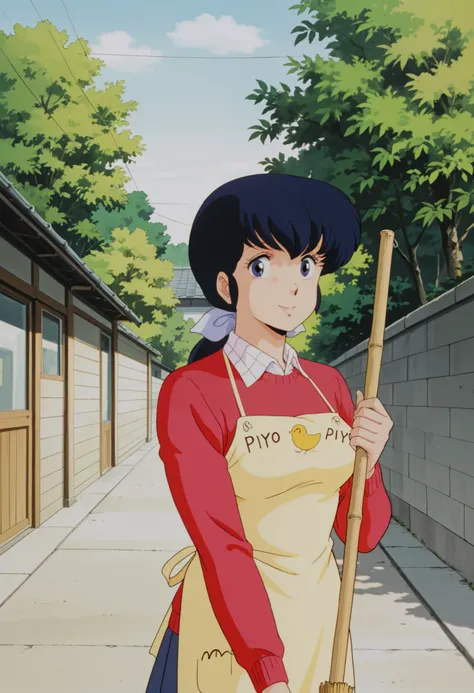 masterpiece, best quality, amazing quality, detailed background, perfect eyes, anime coloring, anime screenshot, 1980s \(style\), 1girl, solo, mature female, otonashi kyouko, black hair, long hair, , blue eyes, medium breasts, yellow shirt under red sweate...