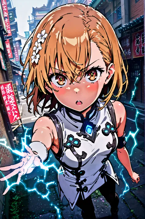 Mikoto and Misaka, Misaka Mikoto , short hair, black cock, hair ornament, hair flower, brown eyes,serious,open your mouth,electricity ,Superpowers(electricity ity),Electric current is emitted from the body ,cosplay, ,That's right., open your mouth, Whi...