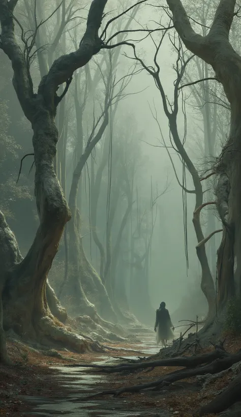 A forest of twisted, bone-white trees** – No leaves, just gnarled branches reaching like skeletal fingers.  