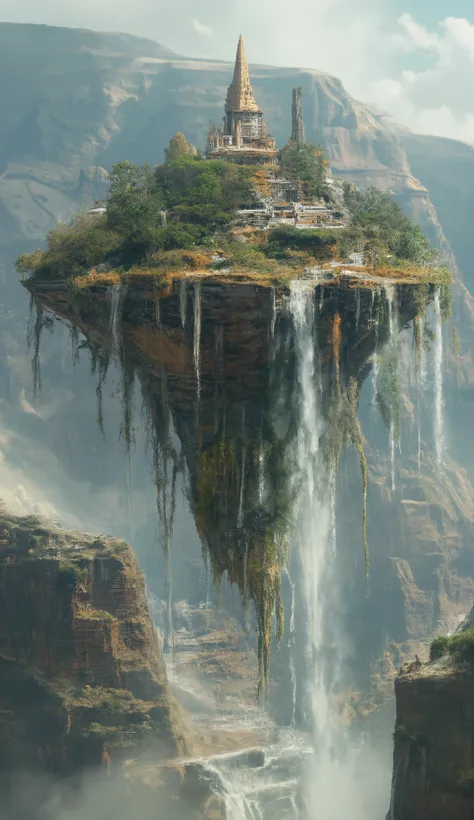 A floating island** – Held aloft by ancient tech or supernatural forces, waterfalls cascading into nothingness.