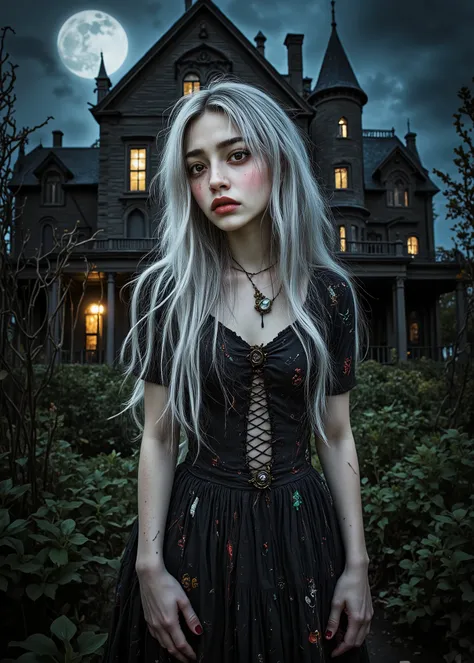 Supervised By Tim Burton、Nightmare Before Christmas Sally、 Silver Hair、stitched patchwork dress、In Front Of A Decaying Mansion、In A Garden With Plants、night、Moonlike Eyes Watching Her from the Sky
