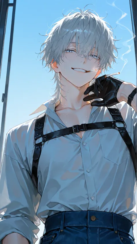 8k, 아름다운 masterpiece, 32 year old male , handsome, Smiling, Messy Hair, Two block perm hair,  light gray hair , 1 man , male-centered, handsome man, Thick painted, sky blue eyes,  Perfect Eyes  ,semi-realism art , semi-realism art style, looking at the front, masterpiece, top quality without window, amazing quality, Exquisite Details, very detailed, mature, alone, disheveled blue formal shirt, unbuttoned formal shirt, jeans, Harness, black half gloves,Plain gloves ,looking at viewers, pale skin,  low angle, Close , Upper body cut, Sweating, cigarette, smoking