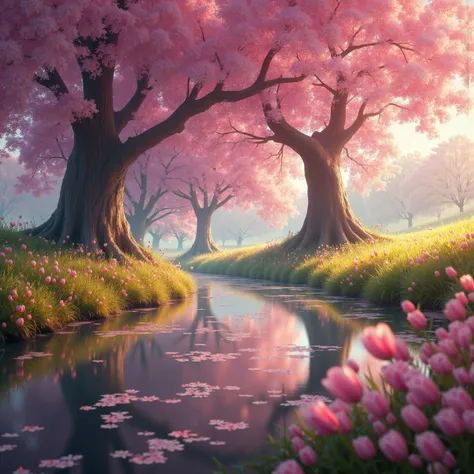 sakura tree river landscape in a flowery meadow in an romantic scenery, reflections, golden hour, intricate detailsed, by Marc Simonetti and Gediminas Pranckevicius, whimsical masterwork by head of prompt engineering